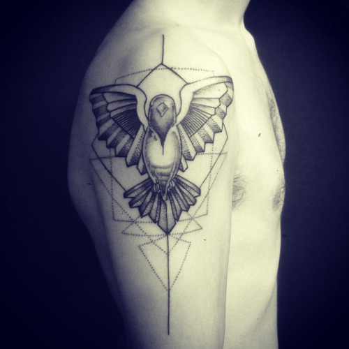 Geometric Pigeon Tattoo On Man Right Shoulder