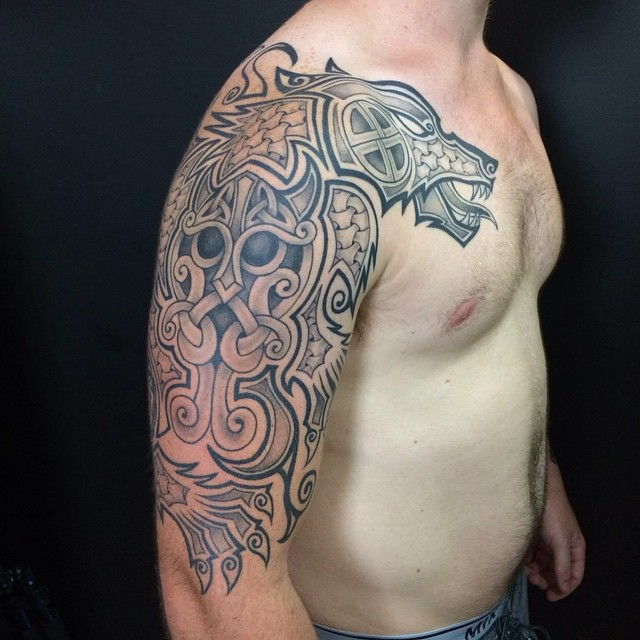 Grey Celtic Traditional Viking Tattoo On Man Right Half Sleeve