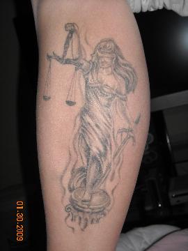 Grey Ink Blind Justice Tattoo Design For Leg