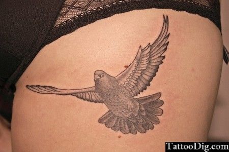 Grey Ink Flying Pigeon Tattoo Design For Thigh