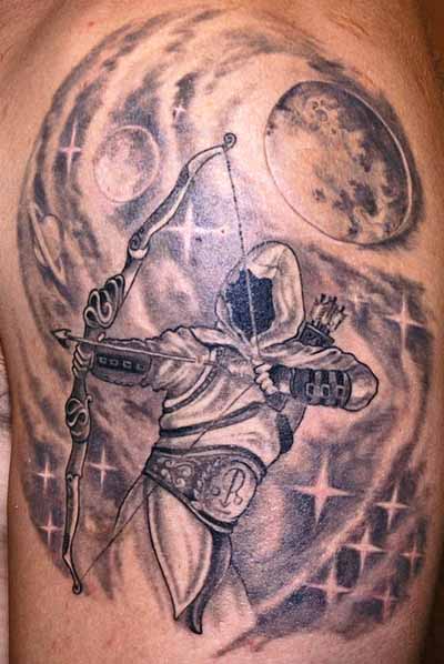 Grey Ink Galaxy Space And Sagittarius Tattoo On Half Sleeve