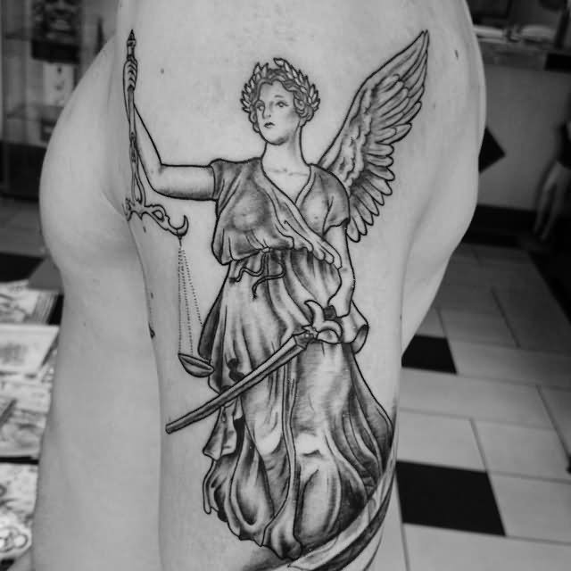 Grey Ink Lady Justice Tattoo On Man Left Half Sleeve