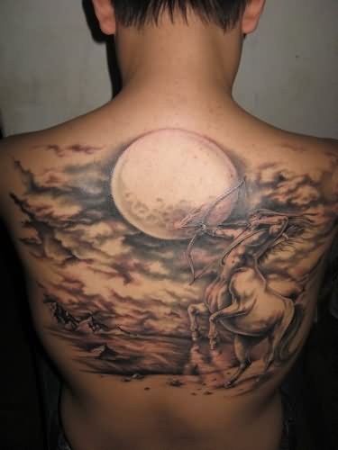Grey Ink Moon And Sagittarius Tattoo On Back