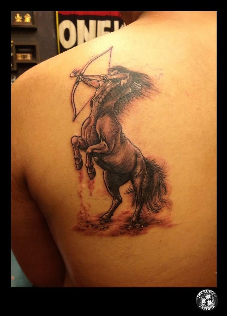 Grey Ink Sagittarius Tattoo On Left Back Shoulder