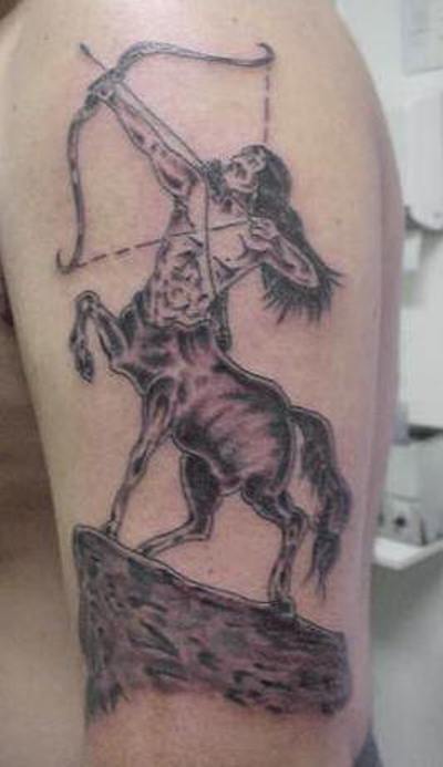 Grey Ink Sagittarius Tattoo On Left Half Sleeve