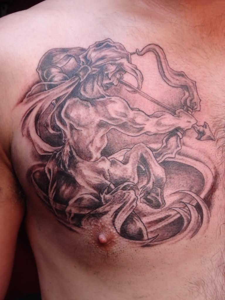 Grey Ink Sagittarius Tattoo On Man Chest