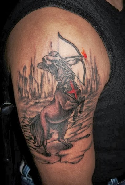 Grey Ink Sagittarius Tattoo On Right Half Sleeve