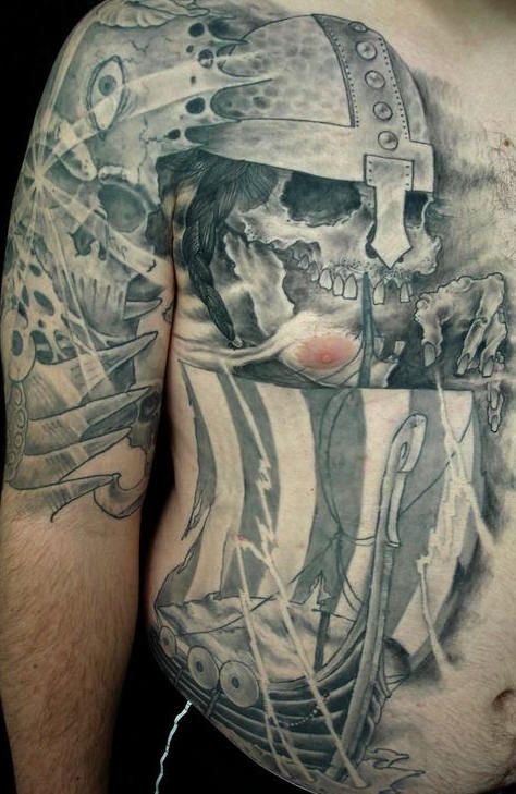 Grey Ink Viking Ship And Skull Tattoo On Half Sleeve
