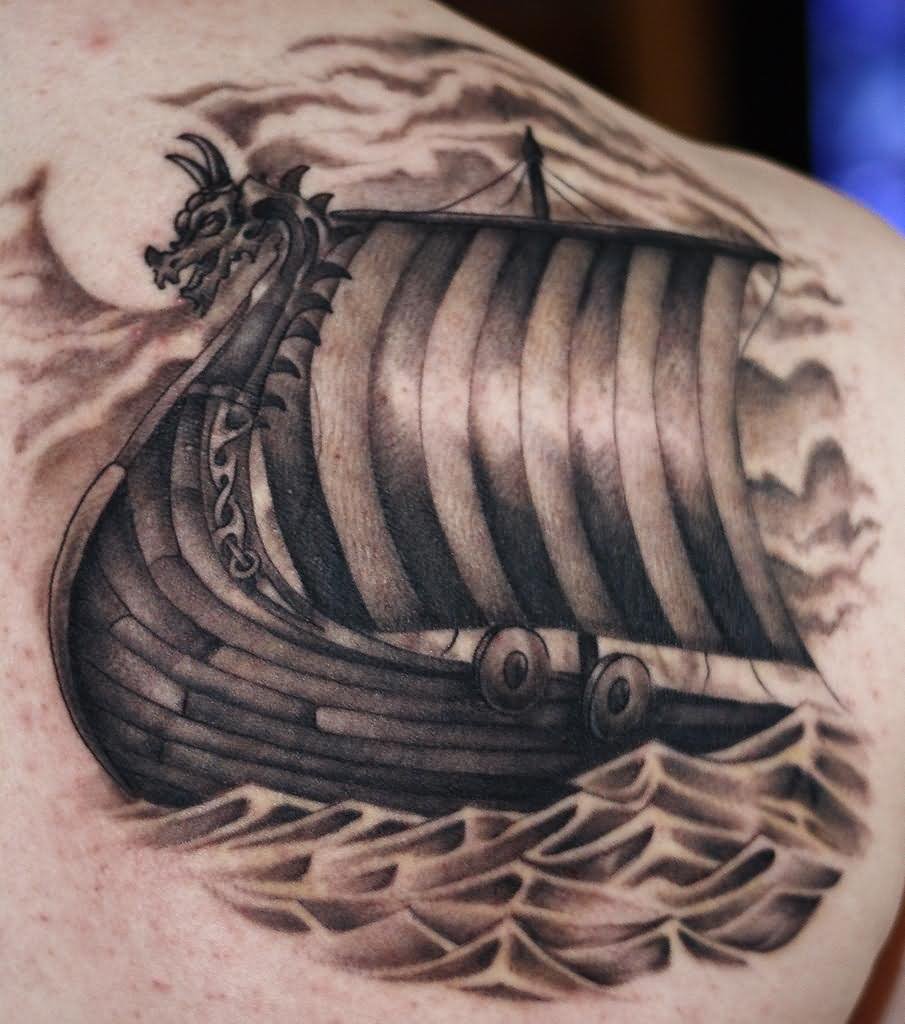 8+ Black And Grey Ink Viking Ship Tattoos