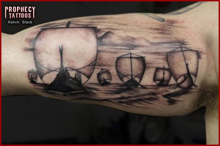 Grey Ink Viking Ship Tattoo On Inner Bicep