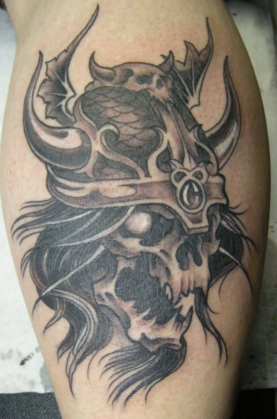 Grey Ink Viking Skull Tattoo On Leg