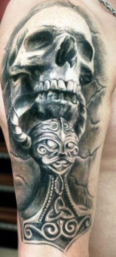 Grey Ink Viking Skull Tattoo On Man Right Sleeve