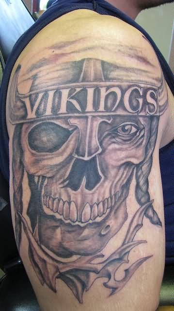Grey Ink Viking Skull Tattoo On Right Half Sleeve