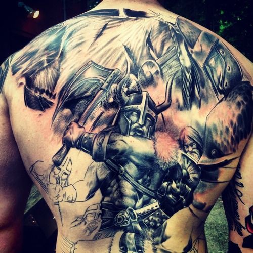 Grey Ink Viking Tattoo On Full Back