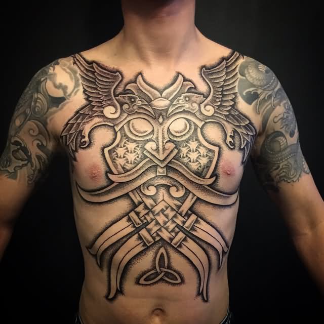 Grey Ink Viking Tattoo On Man Chest