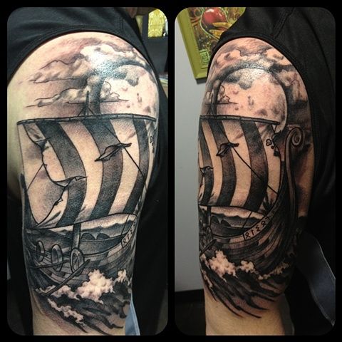 Grey Ink Viking ship Tattoo On Half Sleeve For Men