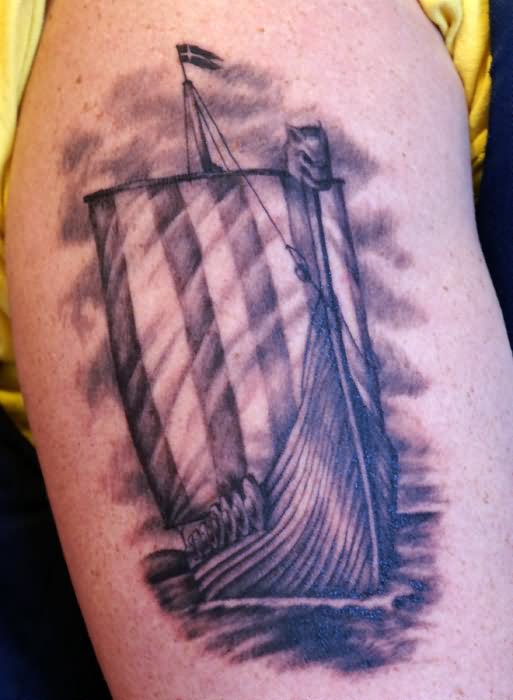 Grey Ink Viking Ship Tattoo On Arm Sleeve