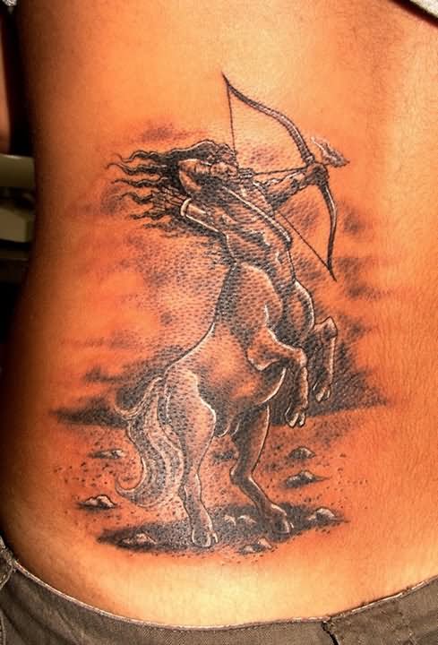 Grey Sagittarius Tattoo On Side Rib