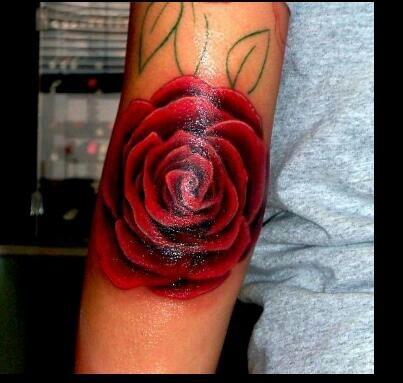 Inspiring Red Rose Tattoo Design For Elbow