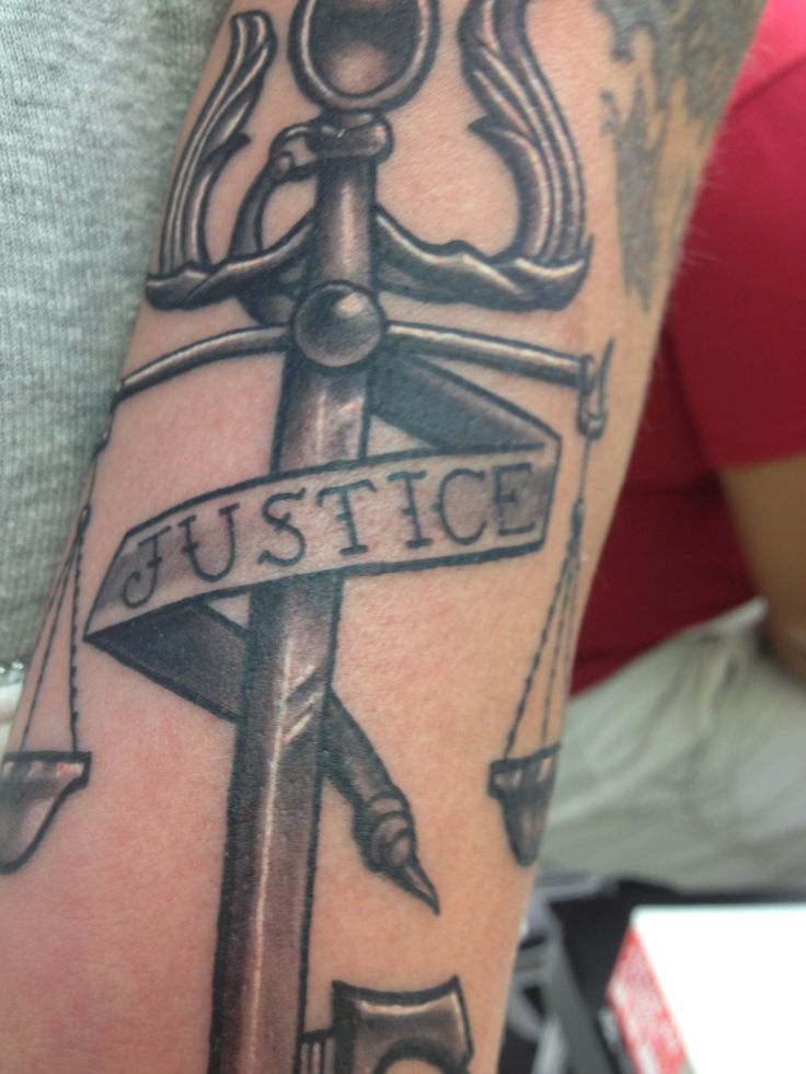 Justice Scale With Justice Banner Tattoo Design For Half Sleeve