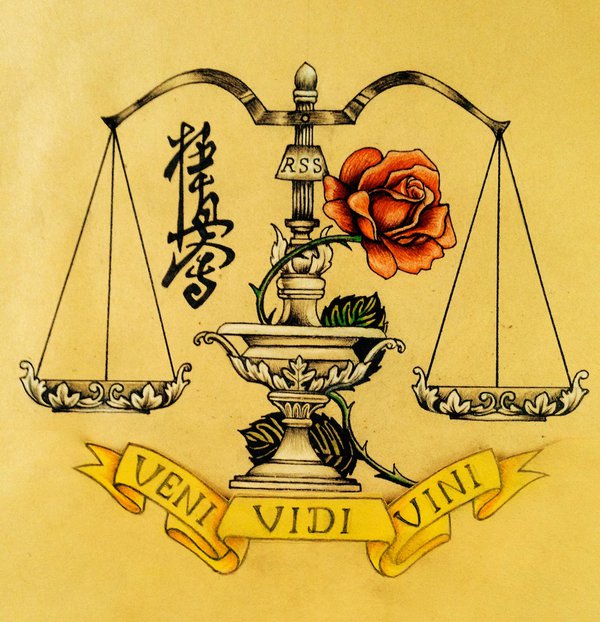 Justice Scale With Rose And Banner Tattoo Design