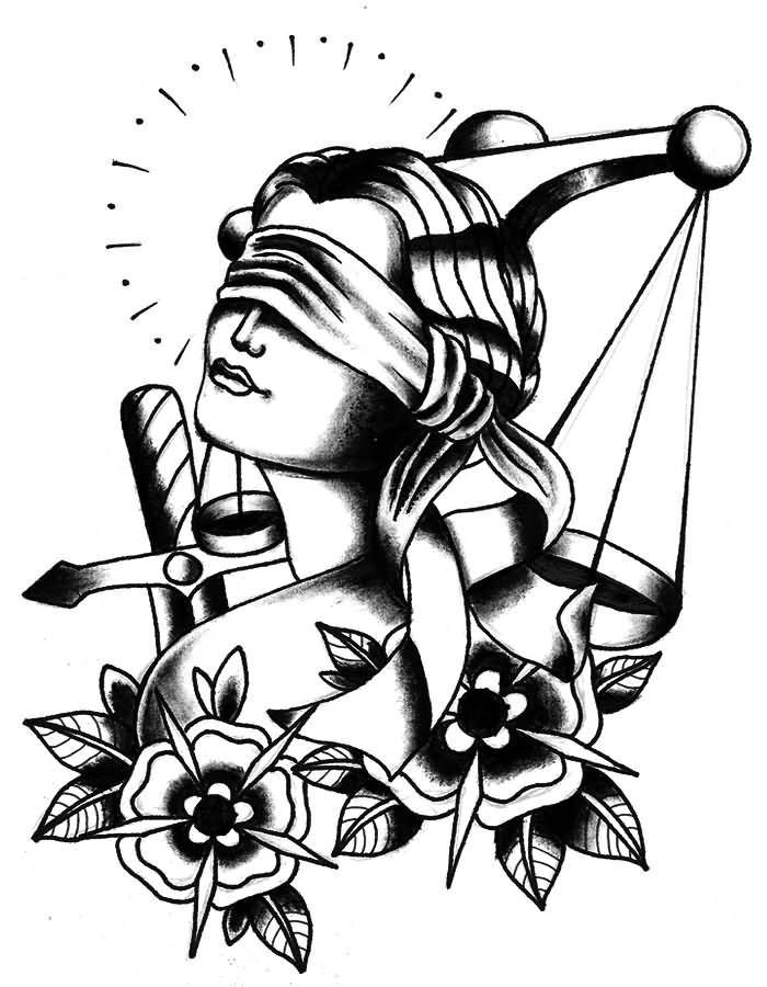 Lady Justice With Flowers Tattoo Stencil