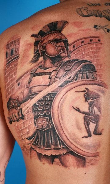 Left Back Shoulder Grey Ink Viking Tattoo