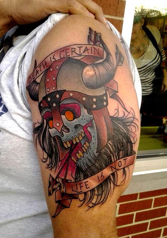 Left Half Sleeve Colorful Traditional Skull Tattoo