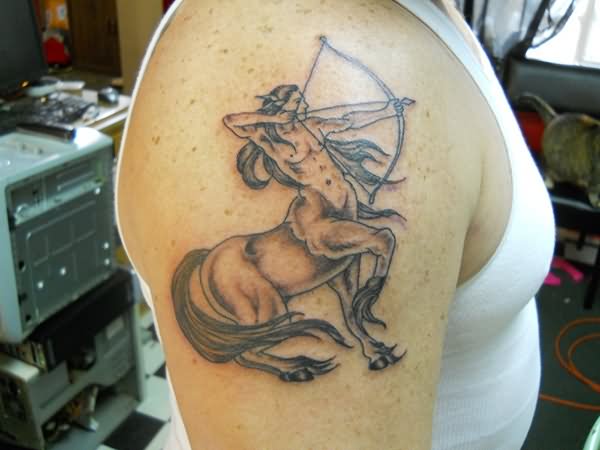 Man Right Shoulder Grey Ink Sagittarius Tattoo