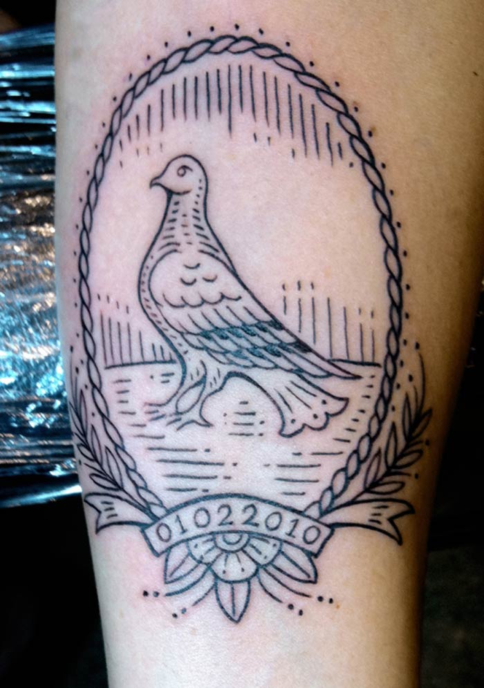 Memorial Traditional Pigeon In Frame Tattoo Design For Arm.