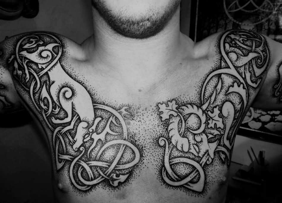 Nice Grey Traditional Viking Tattoo On Chest For Men