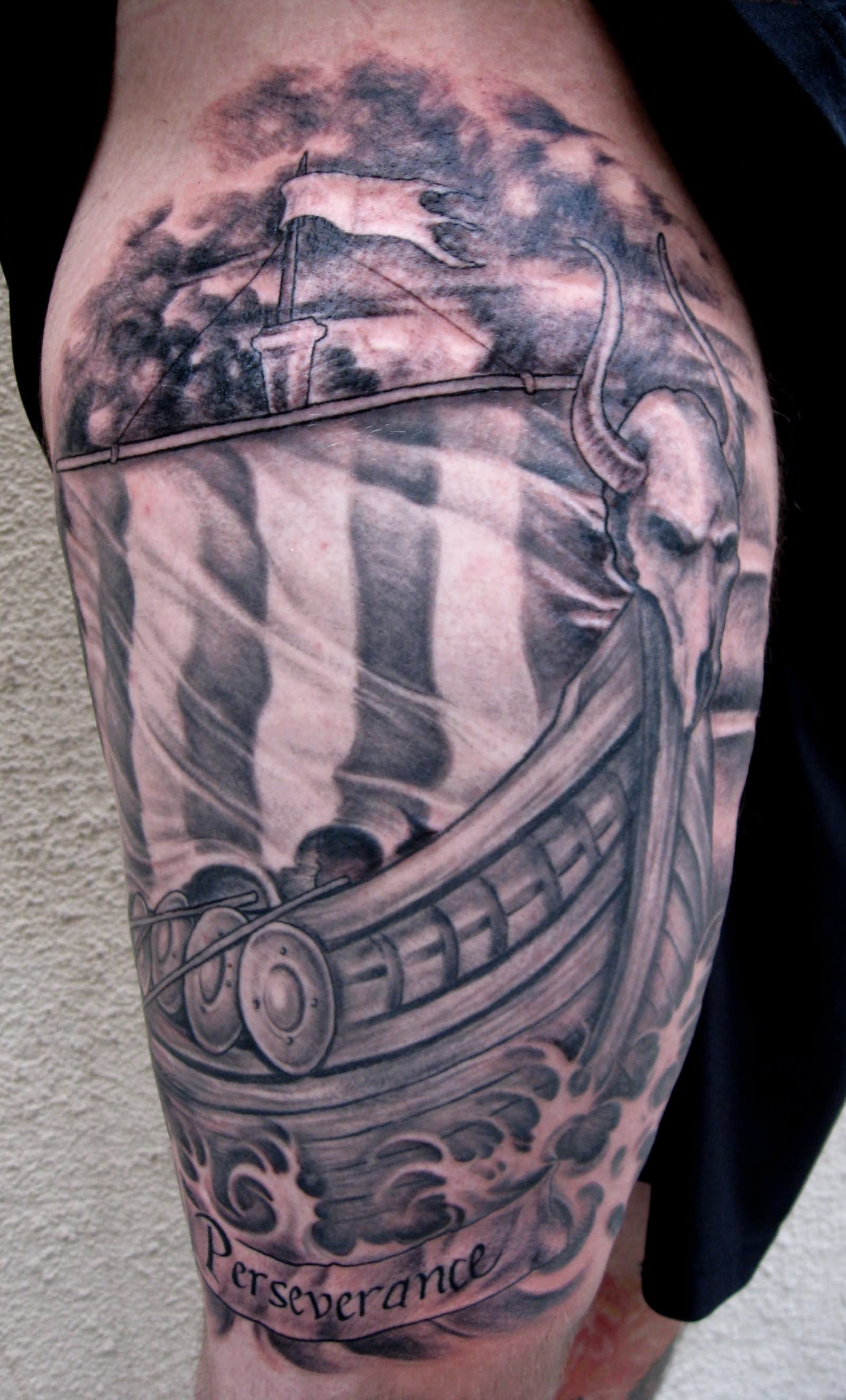 Nice Grey Viking Ship Tattoo On Leg
