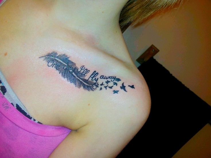 One Day I Will Fly Away - Feather With Flying Pigeons Tattoo On Left Front Shoulder