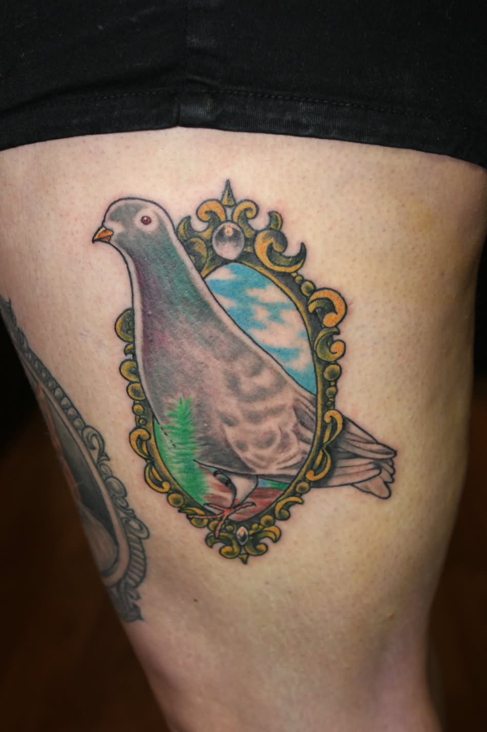 Pigeon In Frame Tattoo Design For Thigh