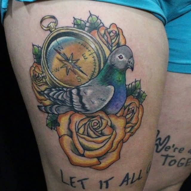 Pigeon With Roses And Compass Tattoo Design For Thigh
