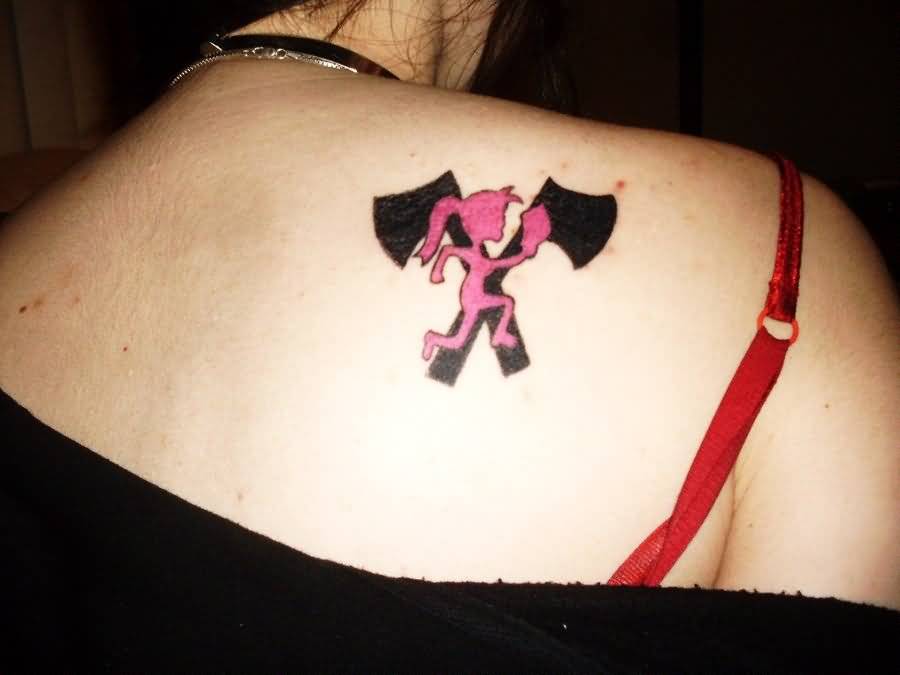 Pink ICP Girl Logo With Two Crossing Axe Tattoo On Right Back Shoulder