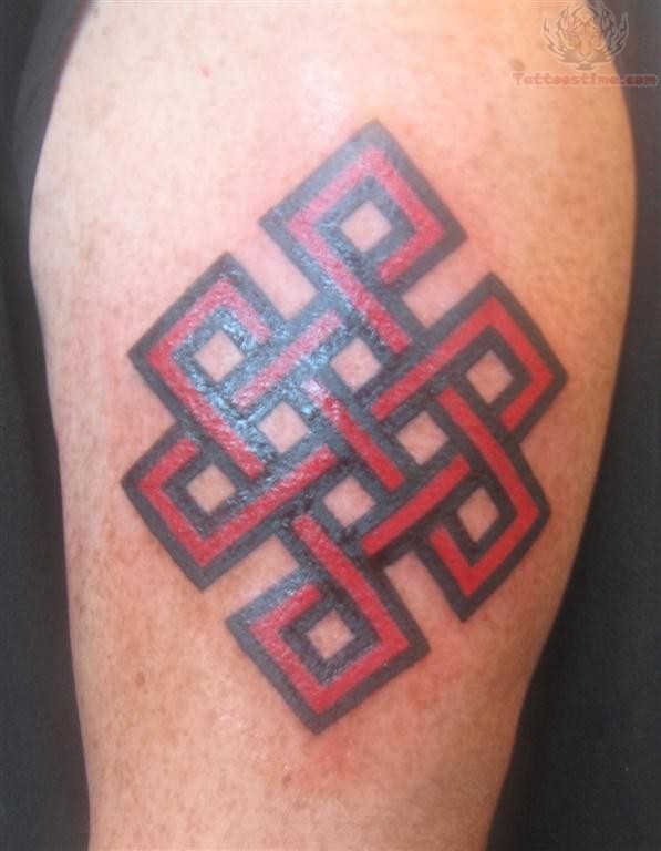 Red And Black Endless Knot Tattoo Design For Shoulder