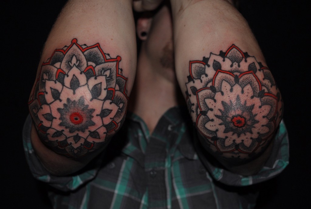 Red And Black Two Mandala Flowers Tattoo On Both Elbow By Ryan Mason