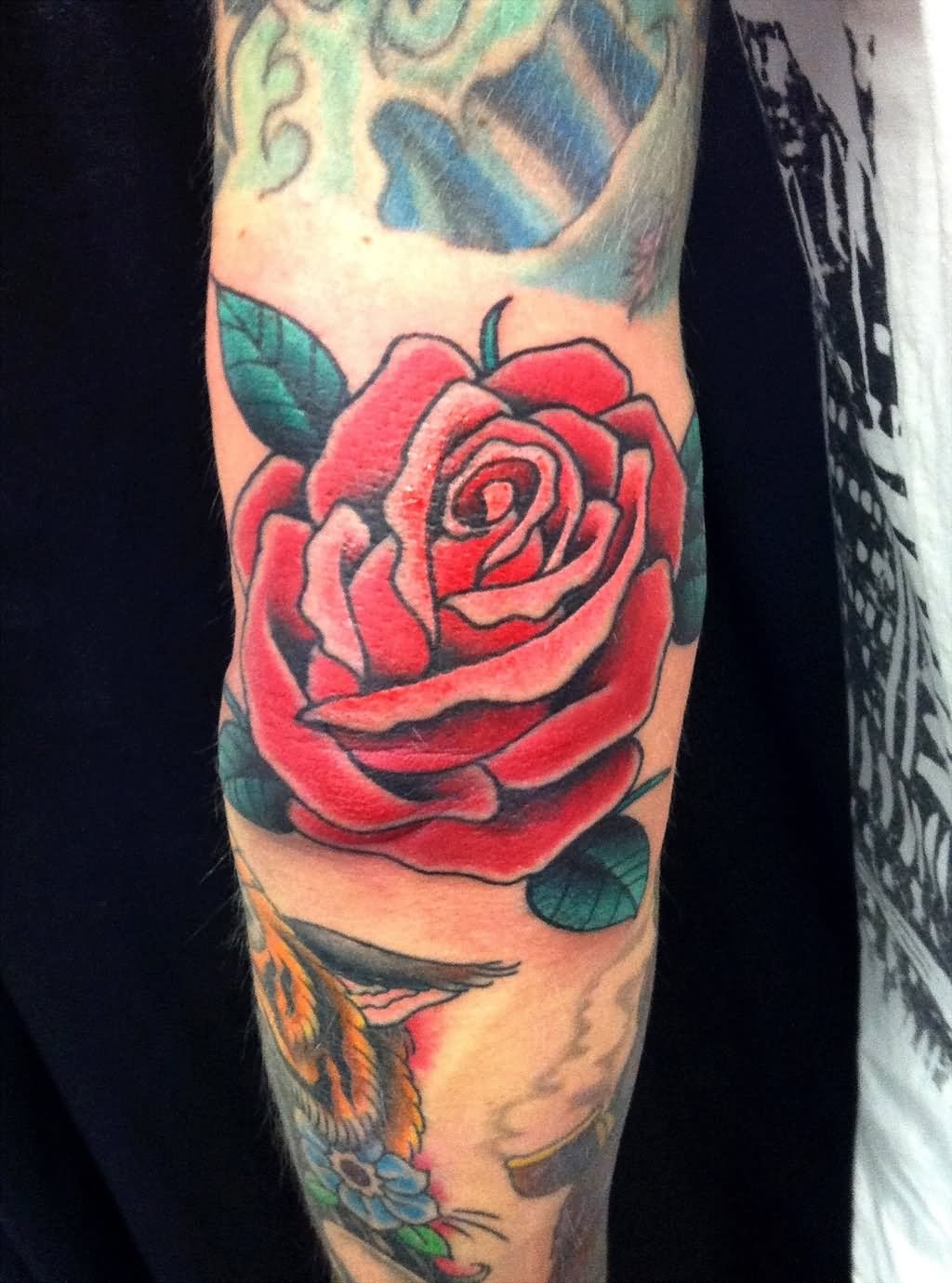 Red Rose Tattoo Design For Elbow