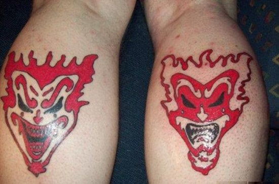 Red Two ICP Face Tattoo On Both Leg Calf