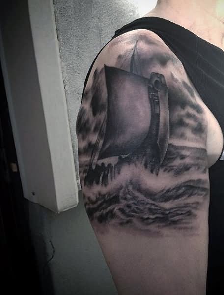 Realistic Viking Ship Tattoo On Shoulder