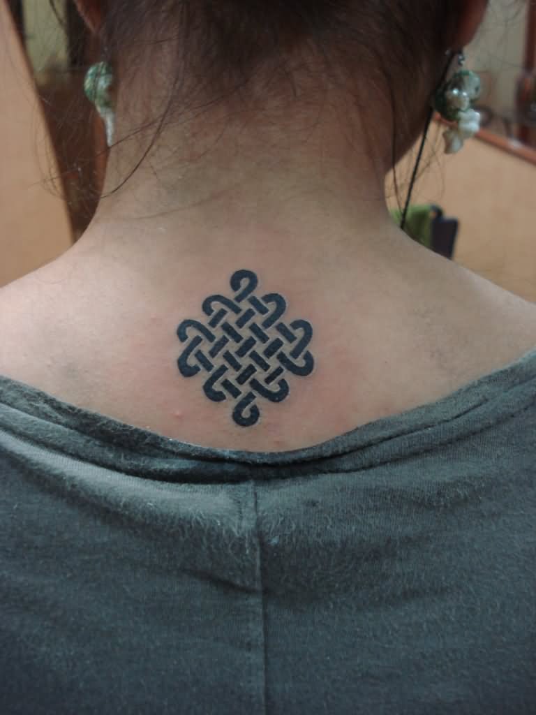 Simple Black Endless Knot Tattoo On Girl Back Neck
