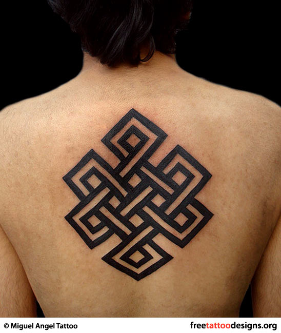 Simple Black Outline Endless Knot Tattoo On Man Upper Back