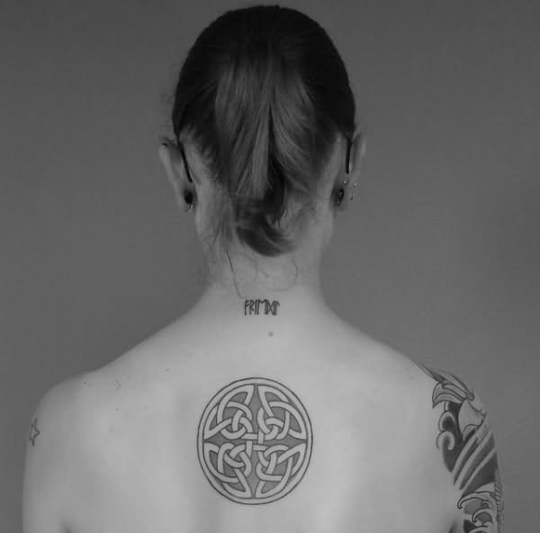 Simple Grey Ink Celtic Knot Tattoo On Girl Upper Back