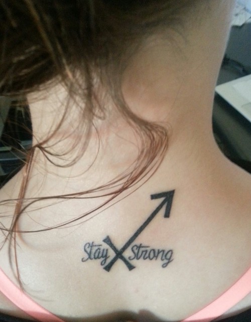 Stay Strong Sagittarius Tattoo On Girl Nape