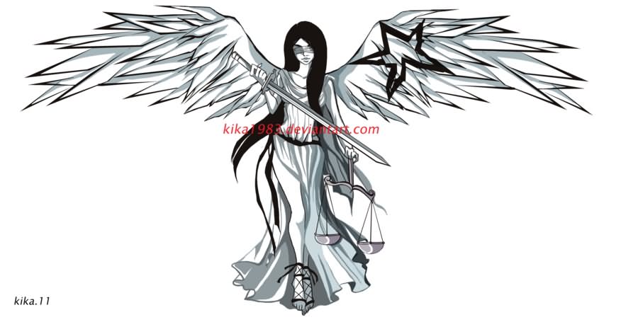 Sword And Justice Scale In Angel Hand Tattoo Design By Kristina