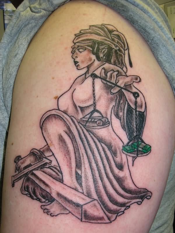 Sword And Justice Scale In Lady Hands Tattoo Design For Shoulder