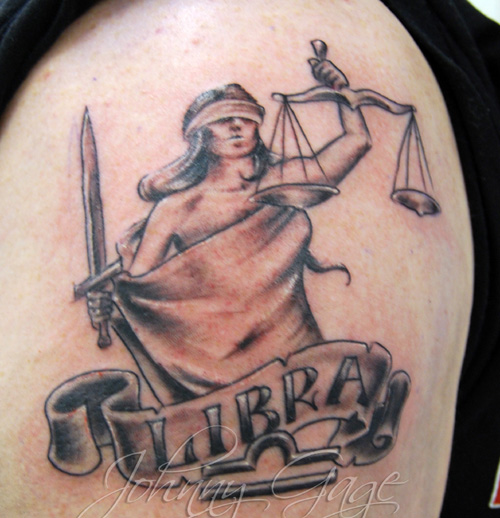 Sword And Justice Scale In Lady Hands With Libra Banner Tattoo Design