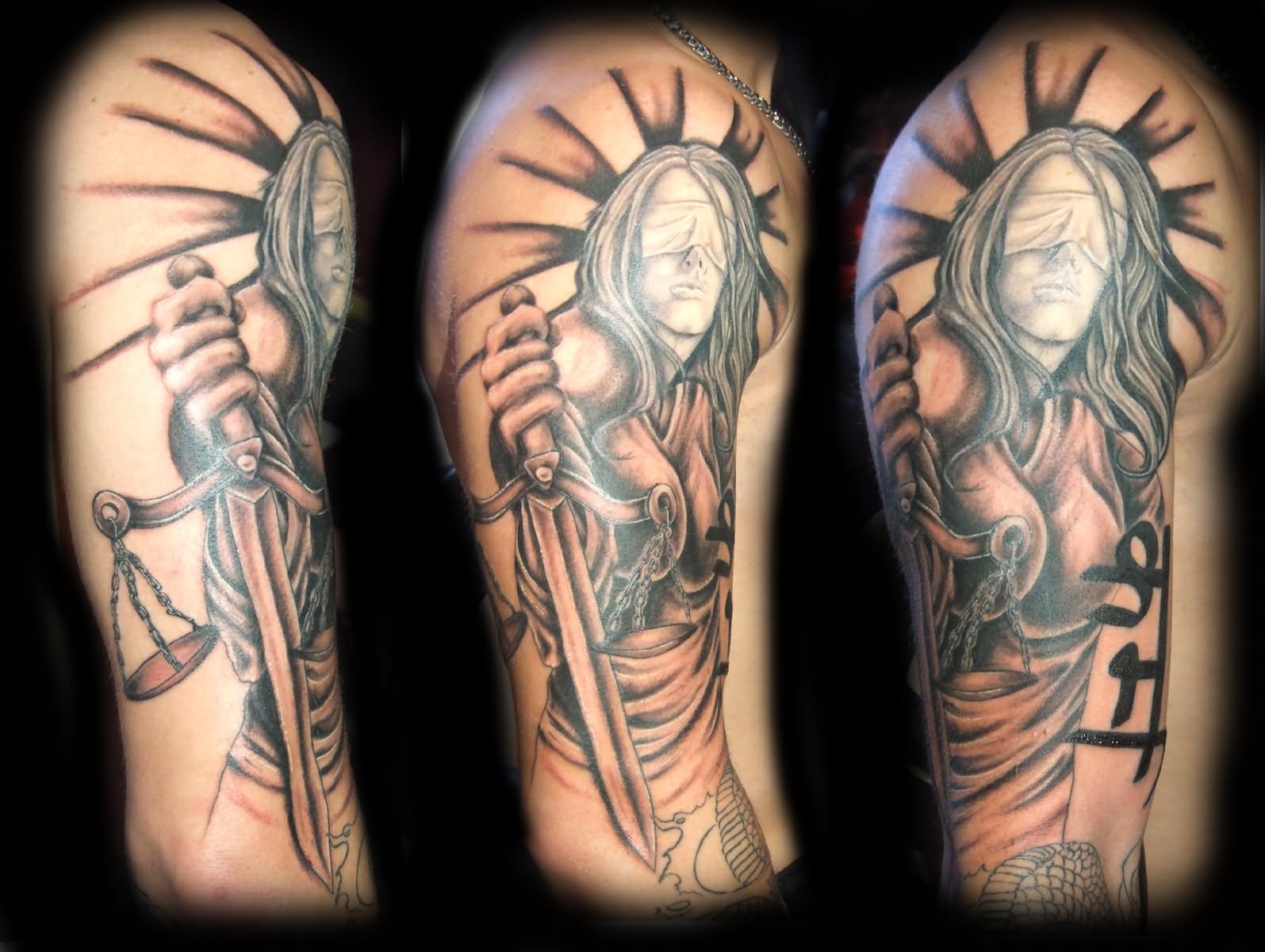 Sword Justice Scale In Lady Hand Tattoo Design For Half Sleeve