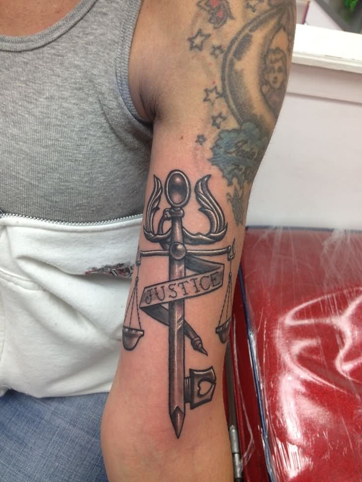 Sword Justice Scale With Justice Banner Tattoo On Half Sleeve